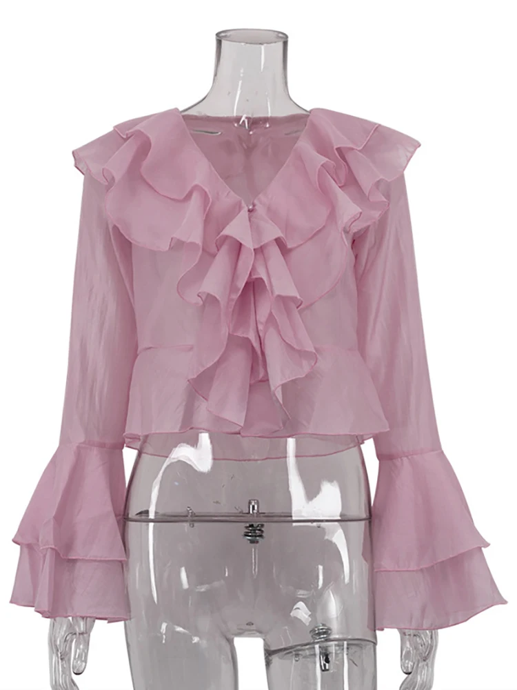 JULISSA MO szyfonowa seksowna koszulka z dekoltem w serek wzburzyć damska koszulka różowy rozszerzany rękaw jednorzędowa koszulka Lady lato casualowe w stylu Streetwear 2025