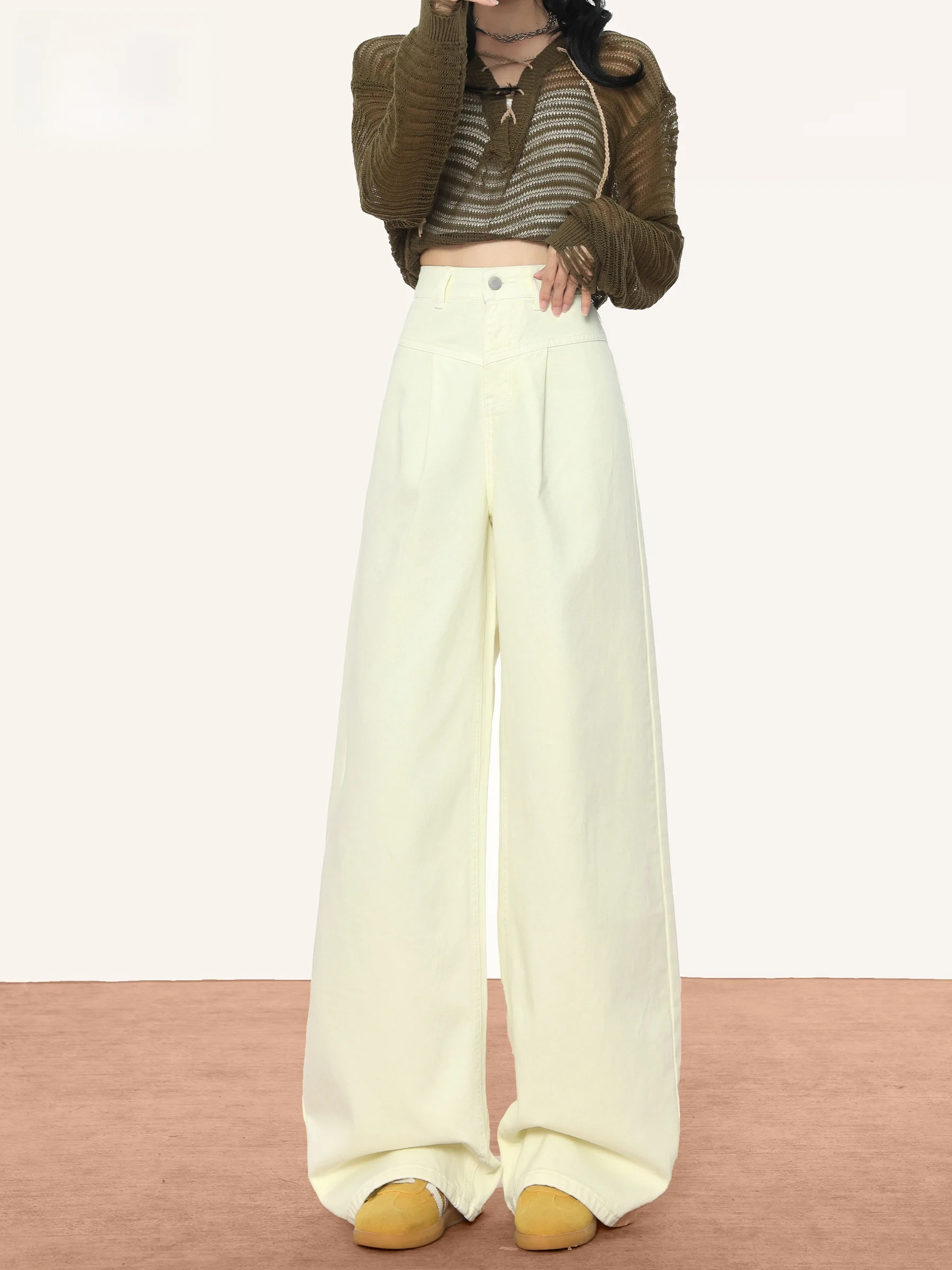 

High Waist Wide Leg Denim Jeans Women's Lemon Yellow Loose Slimming Lazy Draping Floor-Length Straight Leg Pants