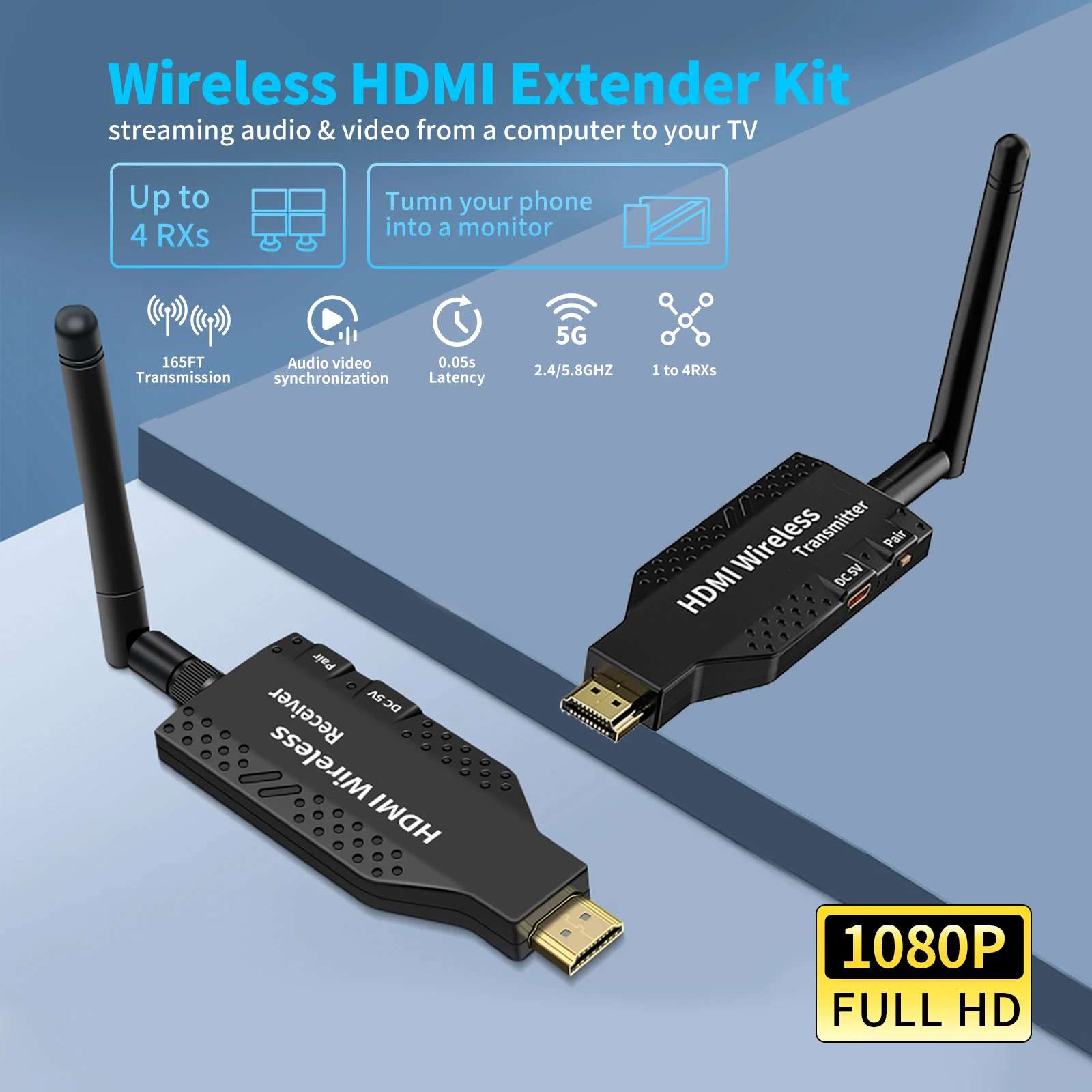 iPazzPort Wireless HDMI Transmitter and Receiver, 50m 1080P HD Extender Streaming Audio Video from Laptops, PC to TVs,Projectors