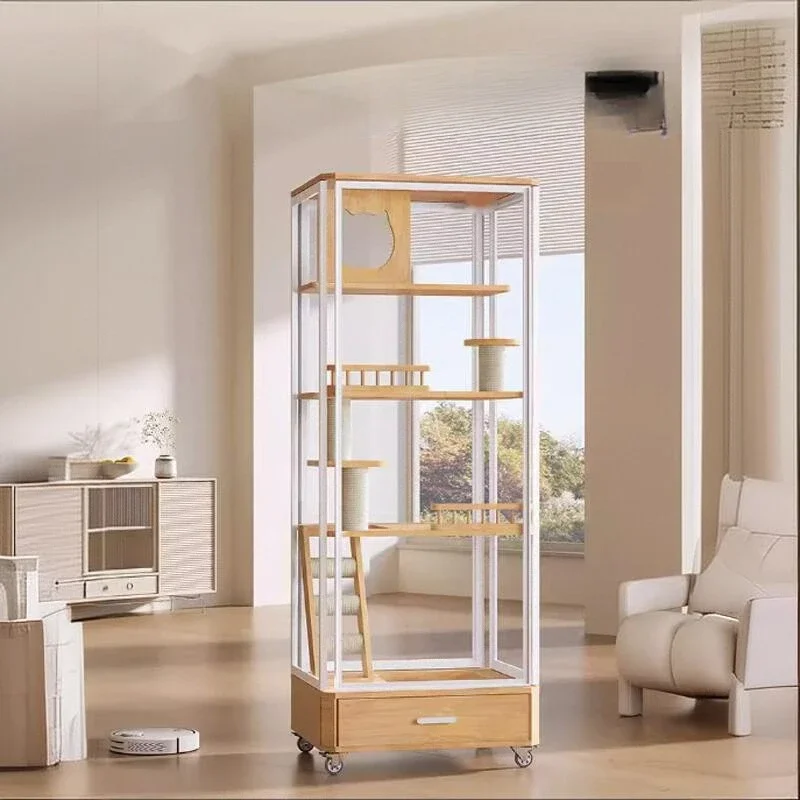 Panoramic glass cat villa household solid wood cat house luxury house