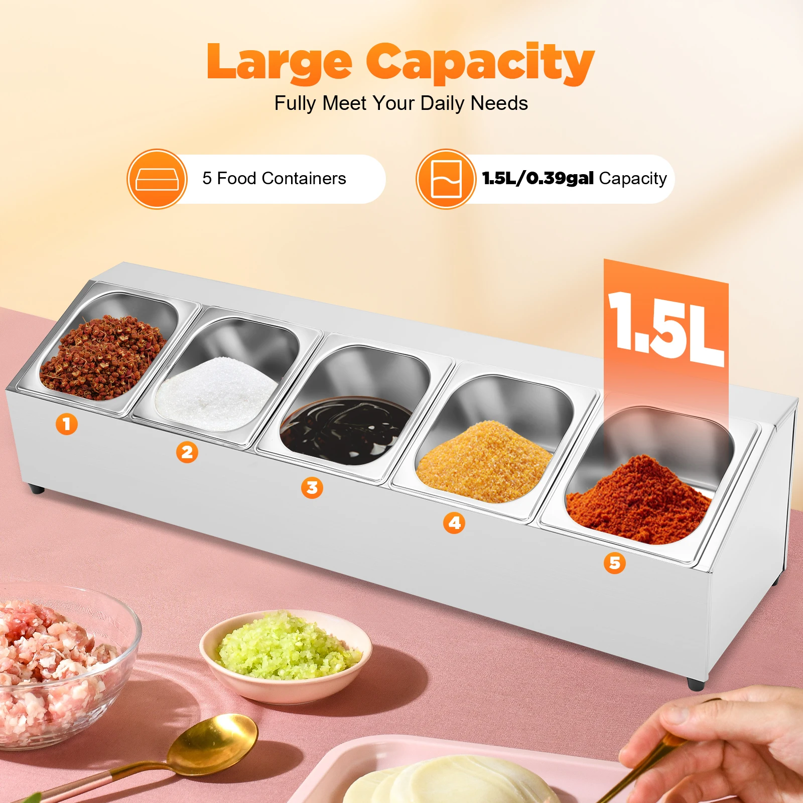 

Stainless Steel 5 Compartment Seasoning Box Restaurants Ingredients Box 1.5L Capacity for Hot Pot Shops,Milk Tea Shops