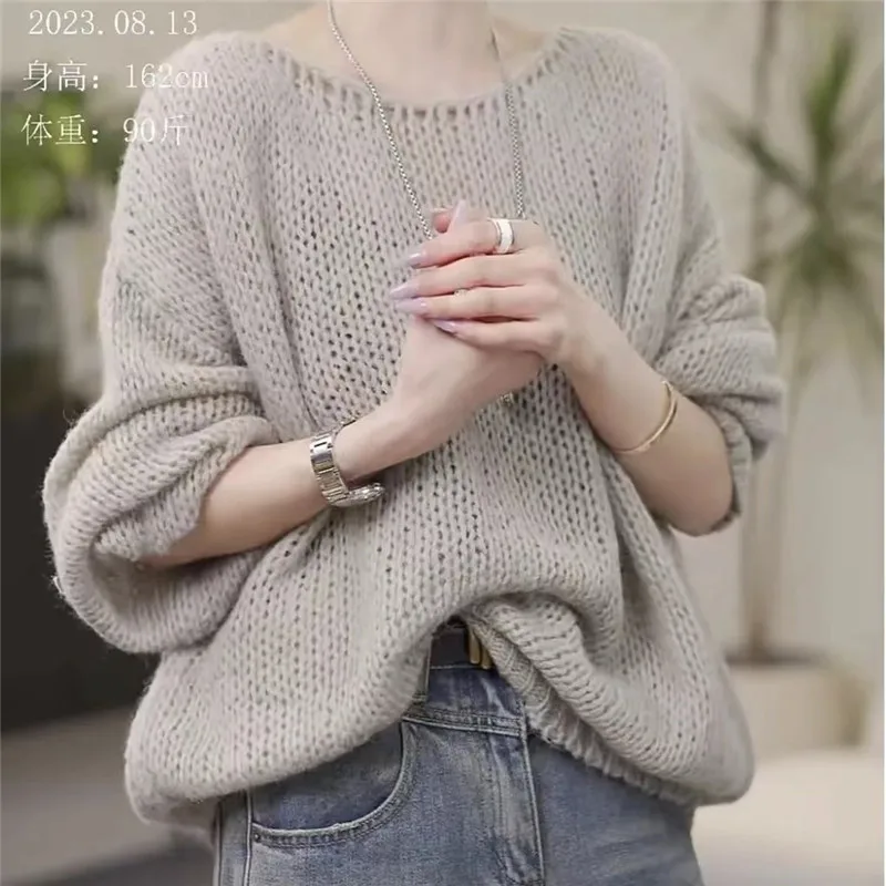 Limiguyue Korean Plus Size Loose Wool Sweater Women O-neck Thin Knit Pullover Autumn Winter Hollow Cashmere Knitwear Causal 337P