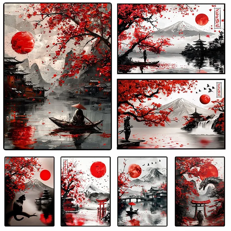 Póster de pintura de tinta japonesa de paisaje, montaña, agua, barco, estilo de tinta al agua en rojo, negro y blanco, cuadro en lienzo, arte de pared, decoración del hogar