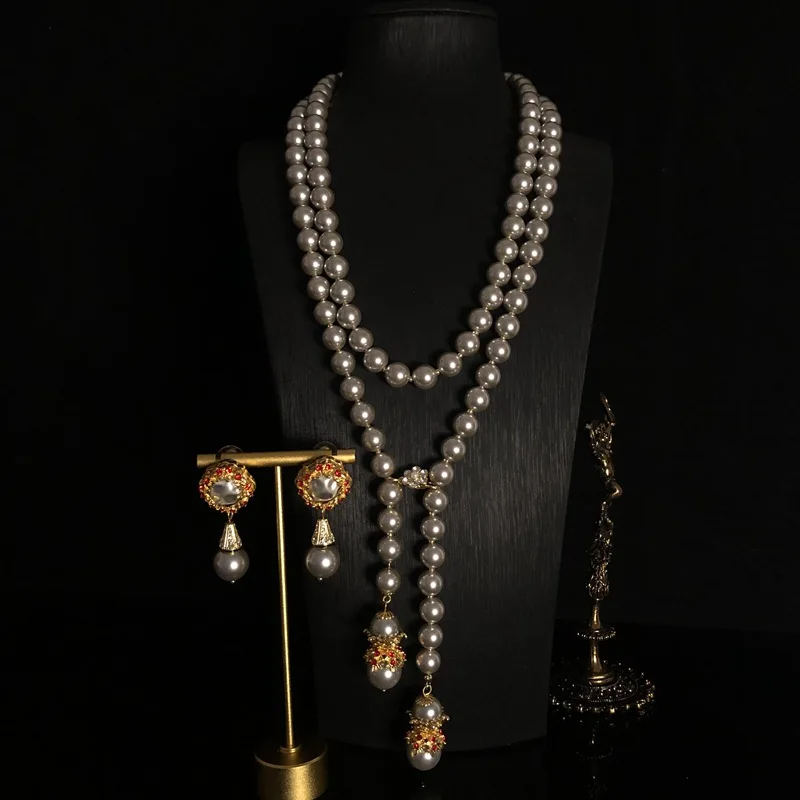 жемчуг ожерелье medieval vintage baroque necklace exaggerated stacked glass pearl long necklace dress sweater chain