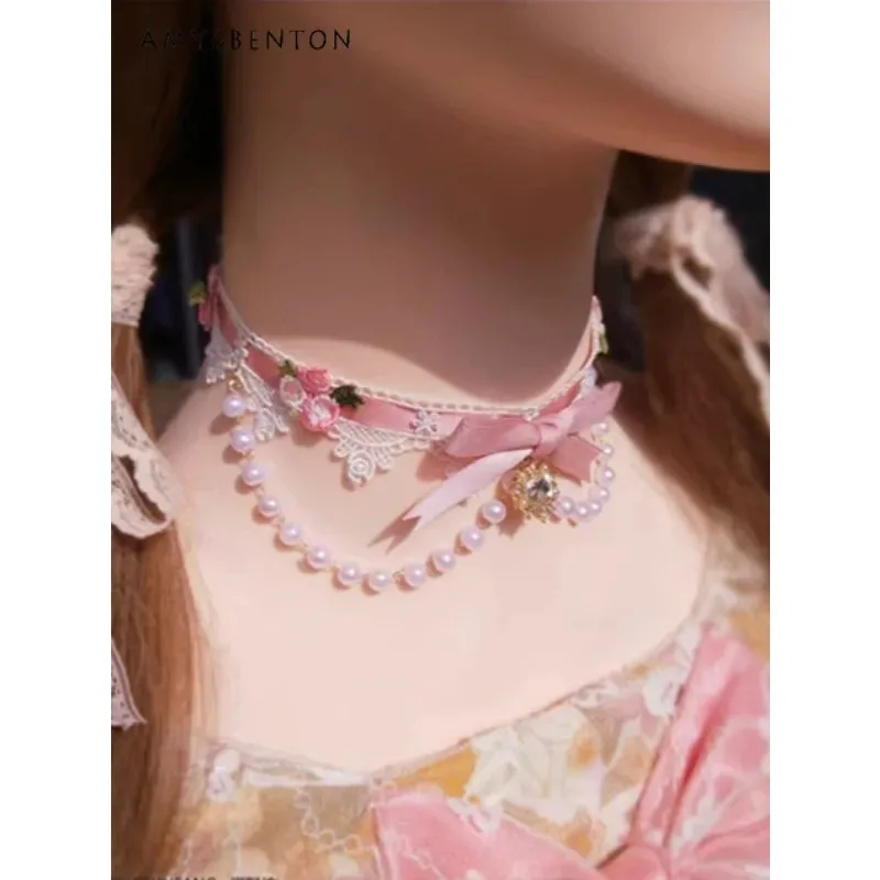 25COSOriginal Lace Pink Bow Pearl Choker Lolita Love Necklace for Women Sweet Cute Girl Double Necklaces Princess Butterfly Neck