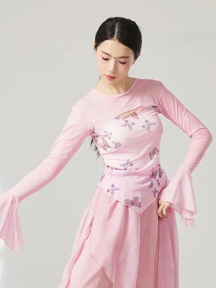 Bedrucktes, ausgestelltes, langärmliges, schmales Mesh-Top für Damen, modernes Tanzkostüm, Jazz, zeitgenössisches lyrisches Bühnen-Performance-Shirt