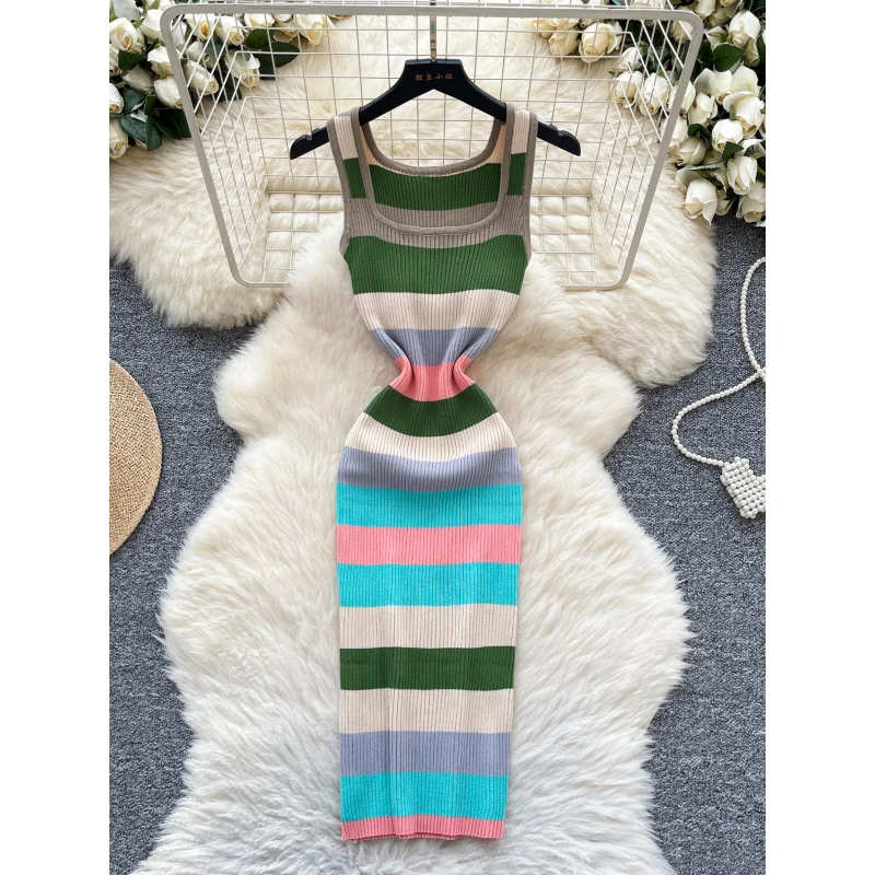 

Women summer chic striped print knitted bodycon midi tank dress casual party sheath dresses sexy club square collar vestidos