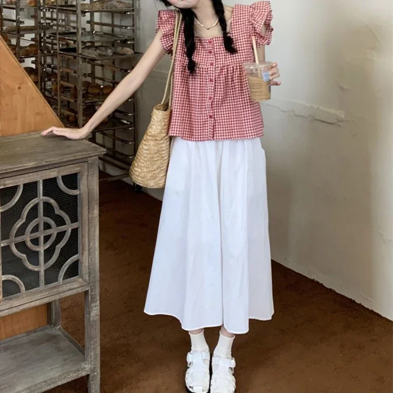 Plaid Shirts Women Cute Ruffles Flying Sleeve Korean Fashion Girlish Summer Tops Vintage Aesthetic Sexy Backless College Holiday