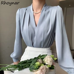 V-neck Solid Shirts Women Simple Spring Fall Pleated Elegant Office Ladies' Long Sleeve Tops Hollow Out All-match Buttons Chic