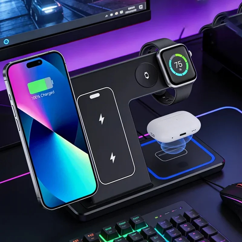 3 In 1 Foldable Fast Wireless Charger Holder Charging Station For iPhone 17 16 15 14 Apple Watch S10/9/8 Airpods 4 Pro 2