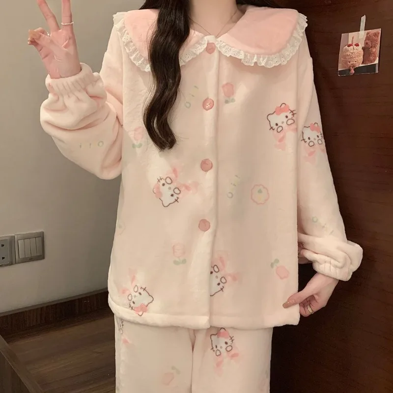 

Flannel Pajamas Hello Kitty Girls Autumn and Winter Thickened Coral Velvet Sweet Cartoon Wearable Home Clothes Set Fashion Soft