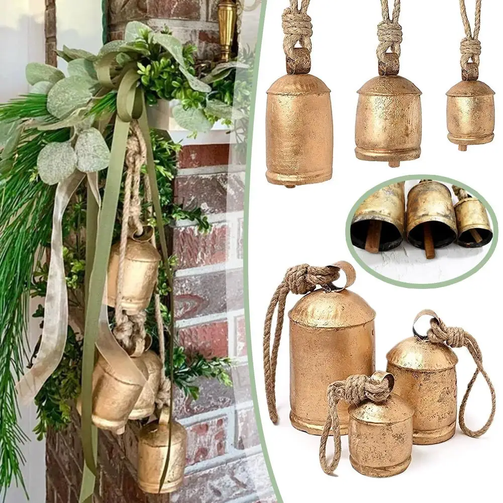 Complete Set of 3 Rustic Style Bells - Handmade Giant Metal Harmony Christmas Hanging Cow Bells on Jute Rope