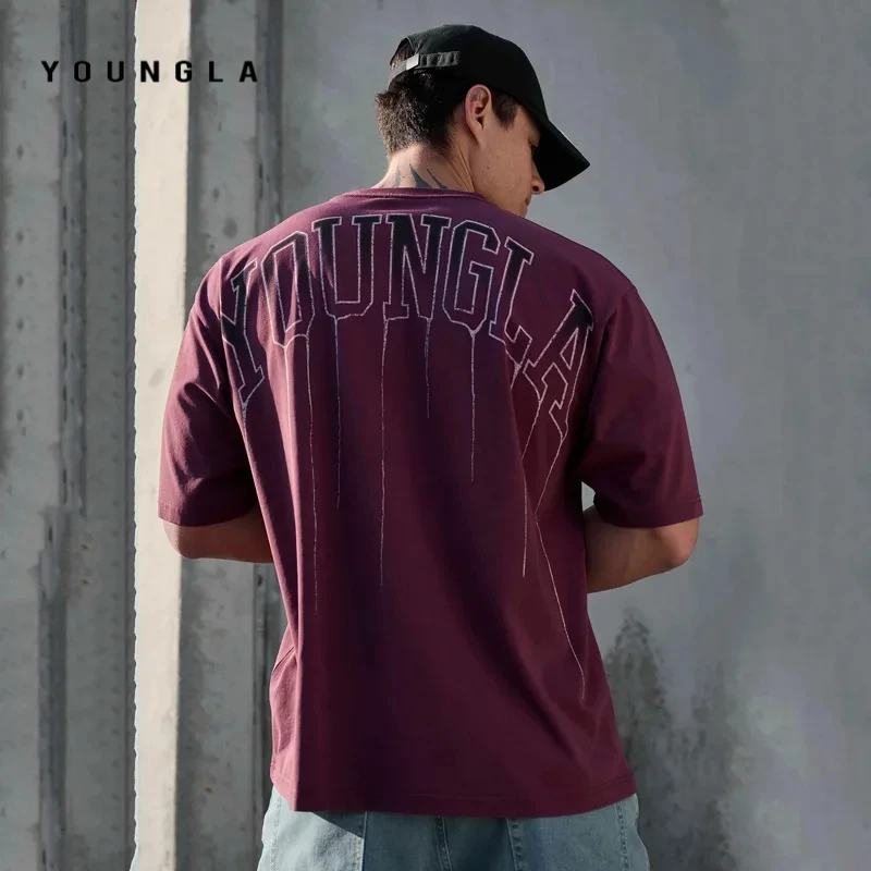 

YOUNGLA men's T-shirt trendy retro casual comfortable short sleeved cotton sports fitness oversized round neck loose top