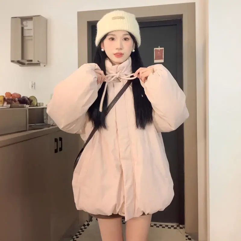 

strap design sense pink cotton-padded jacket coat Women's winter loose thicken keep warm outerwear fashionable solid top﻿