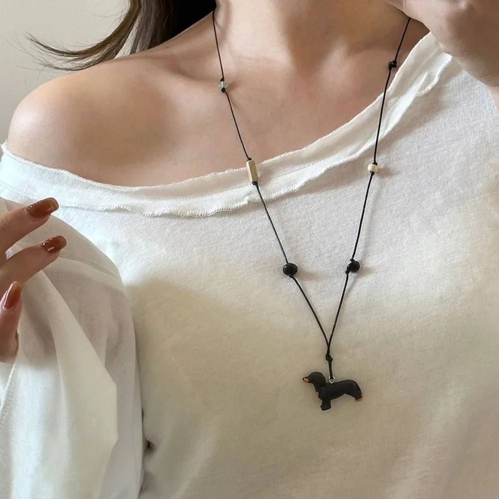Cute Stereo Dachshund Flower Black Rope Long Necklace Balloon Dog Pendants Sweater Chain for Charm Design Jewelry Accessory Gift