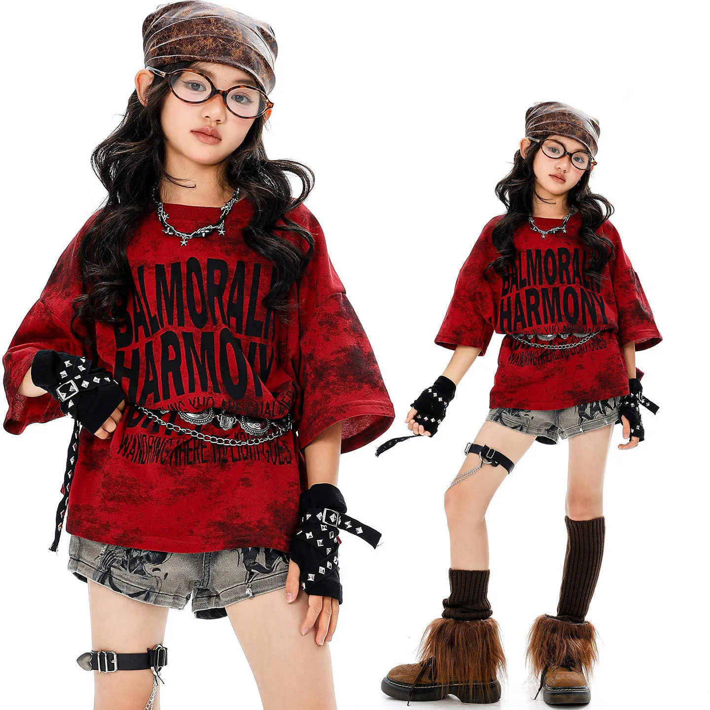 Abbigliamento Hip Hop Kpop per bambini T-shirt con stampa di lettere rosse Pantaloncini jeans strappati da strada casual grigi per ragazze Costumi di danza jazz