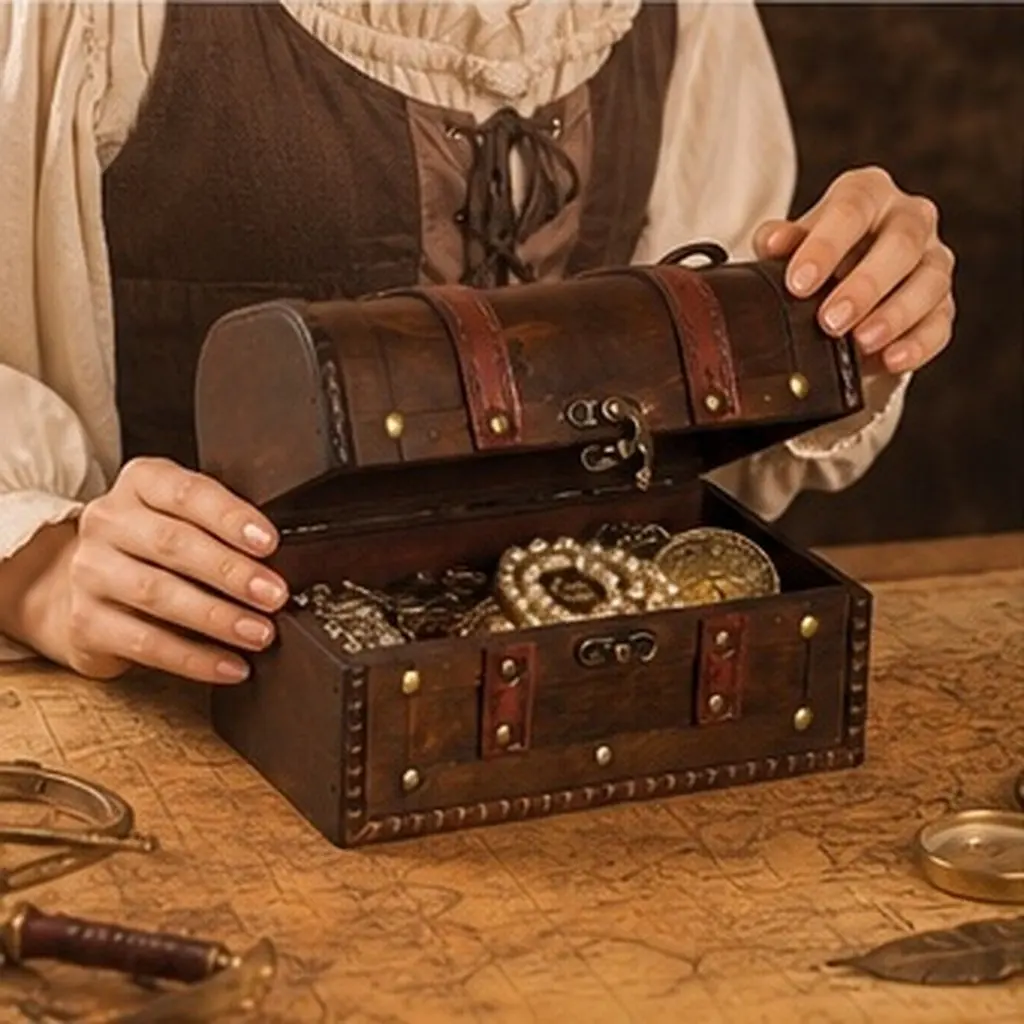 Small Vintage Pirate Treasure Chest Box Wooden Storage Lock Vintage Decorative Jewelry Trinket Keepsake Dark Brown