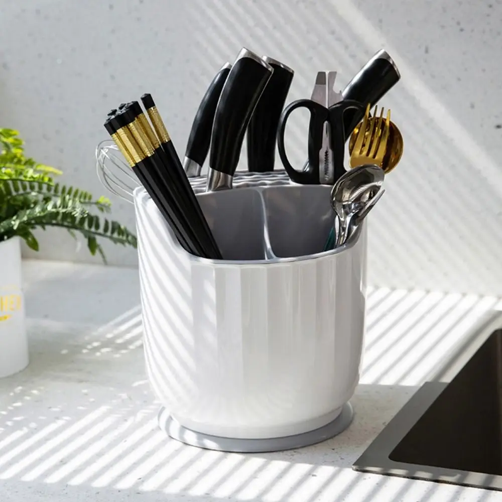 Plastic 360° Rotating Utensil Holder Large Capacity Non-slip Flatware Drainer Storage Box Space-saving with Removable Drain Tray