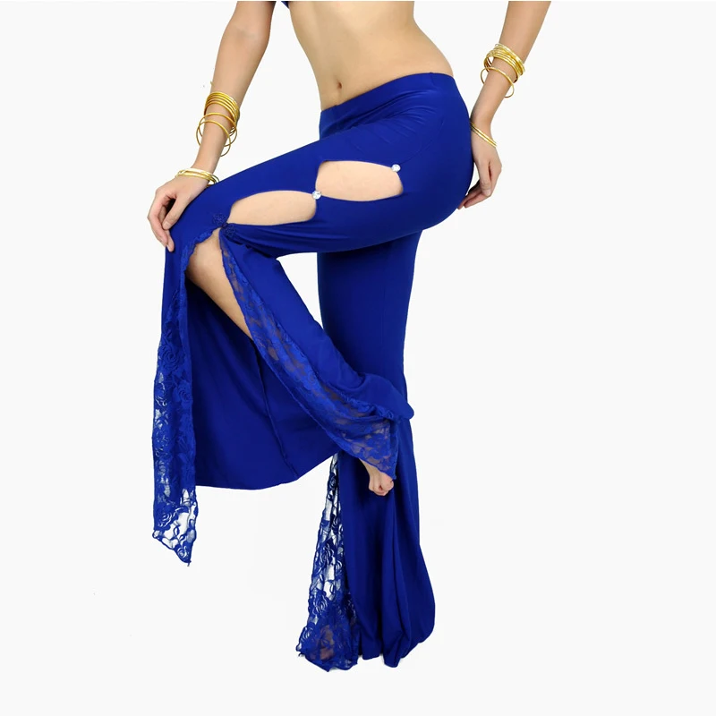 Pantalones profesionales de danza del vientre para mujer, aberturas de encaje, baile latino, Sexy, con cordones