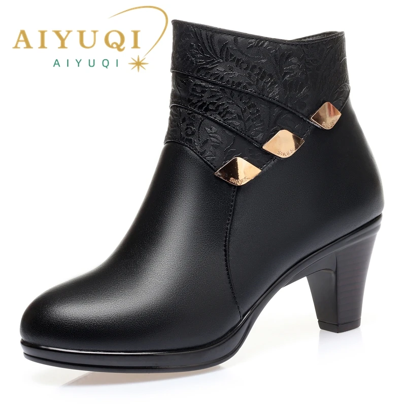 AIYUQI Women\'s Winter Boots 2024 New Genuine Leather Dress Women Boots Fashion Mid-heel Wool Warm Women\'s Ankle Boots