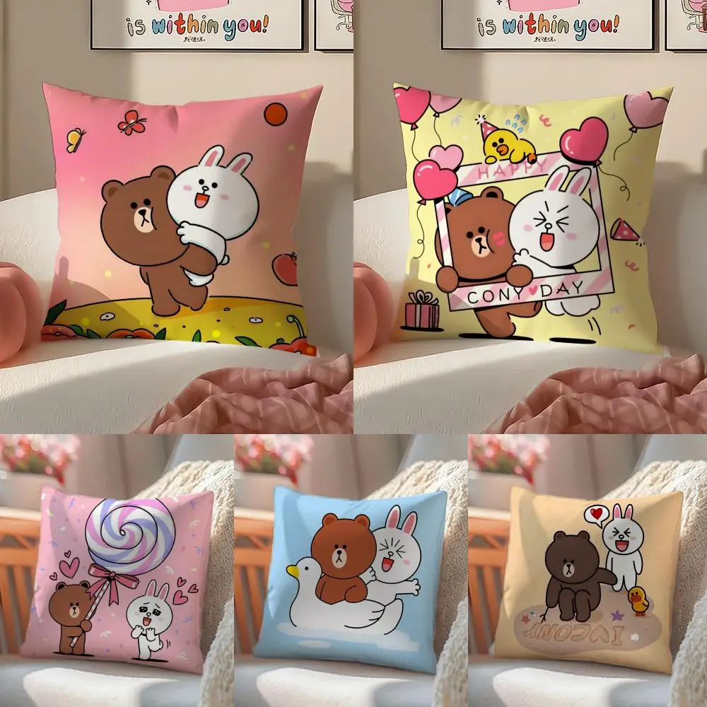 B-Brown Bear and Cony Cushion Cover Linen Pillowcase Cover Soft Decor for Sofa Home Room