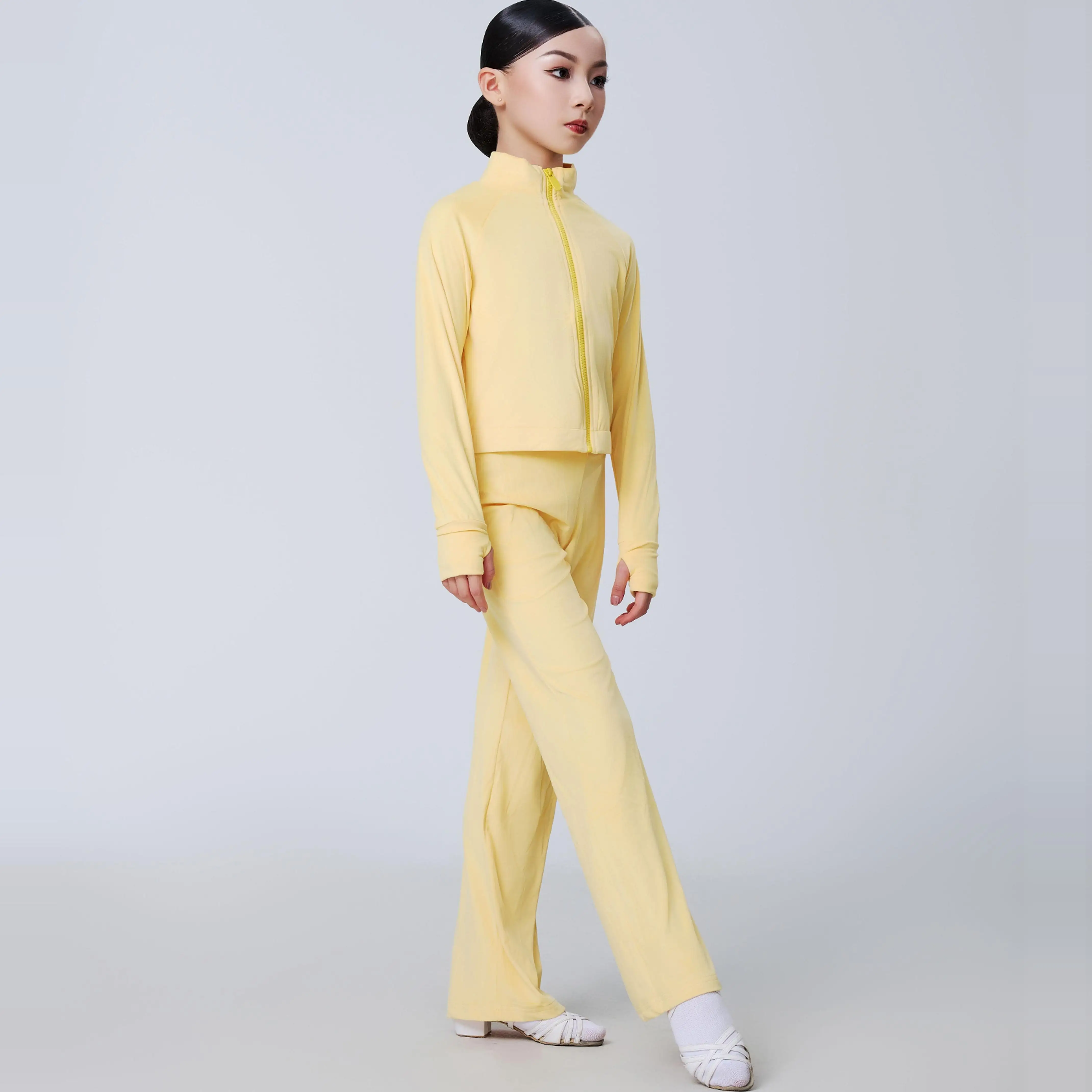 UK Latin dansjurk Dames gele trainingsset met ritssluiting aan de voorkant en versterkte stof voor prestatiepraktijk