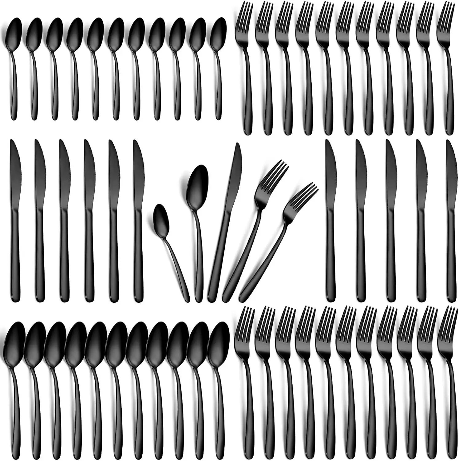 

60-Piece Black Silverware Set for 12, Stainless Steel Cutlery Flatware Set, Includes Forks Spoons and Knives.