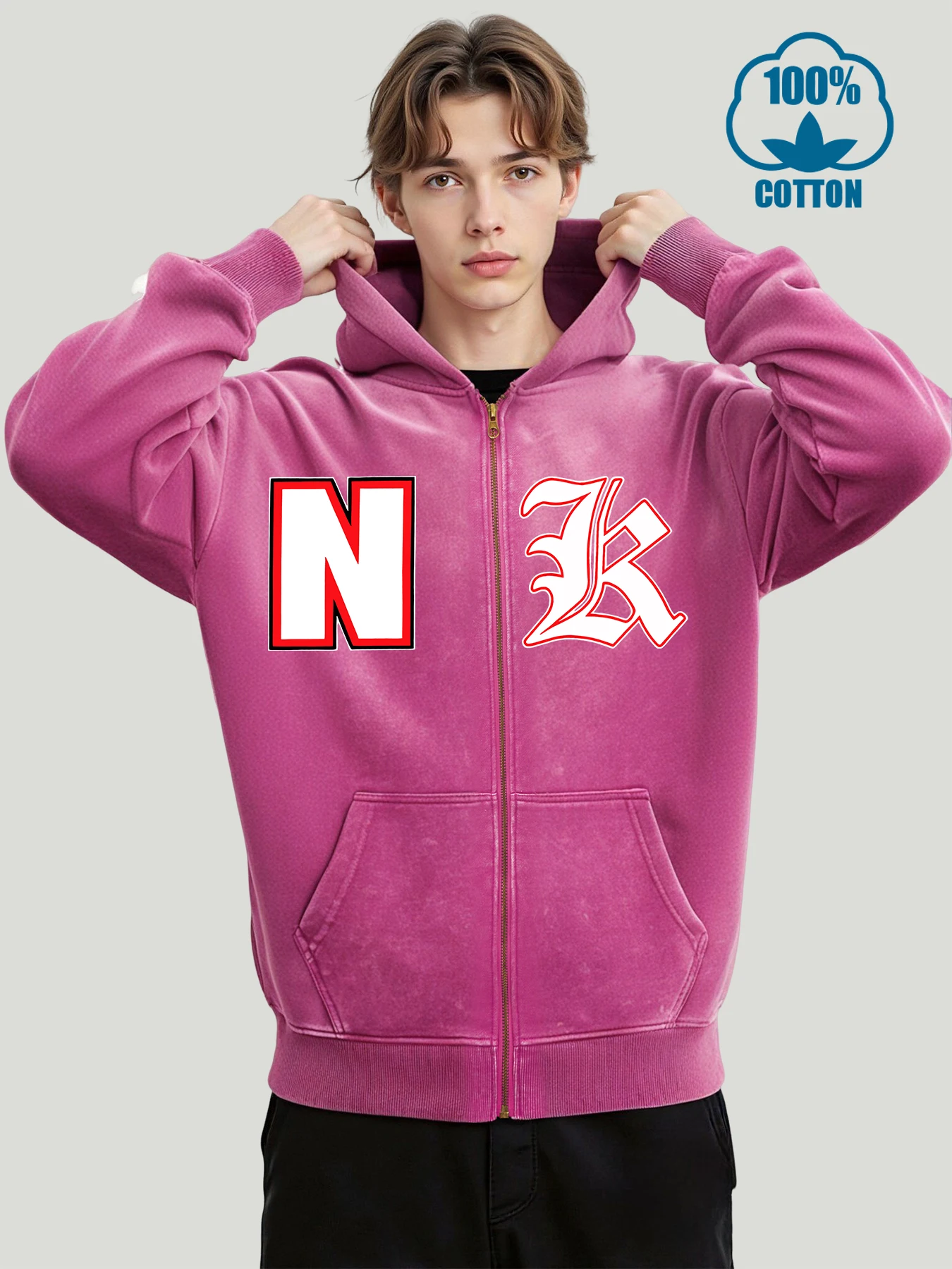 

Толстовка на молнии с художественными буквами N и K, мужская модная свободная толстовка с капюшоном, осенняя уличная одежда с круглым вырезом, повседневный хлопковый пуловер