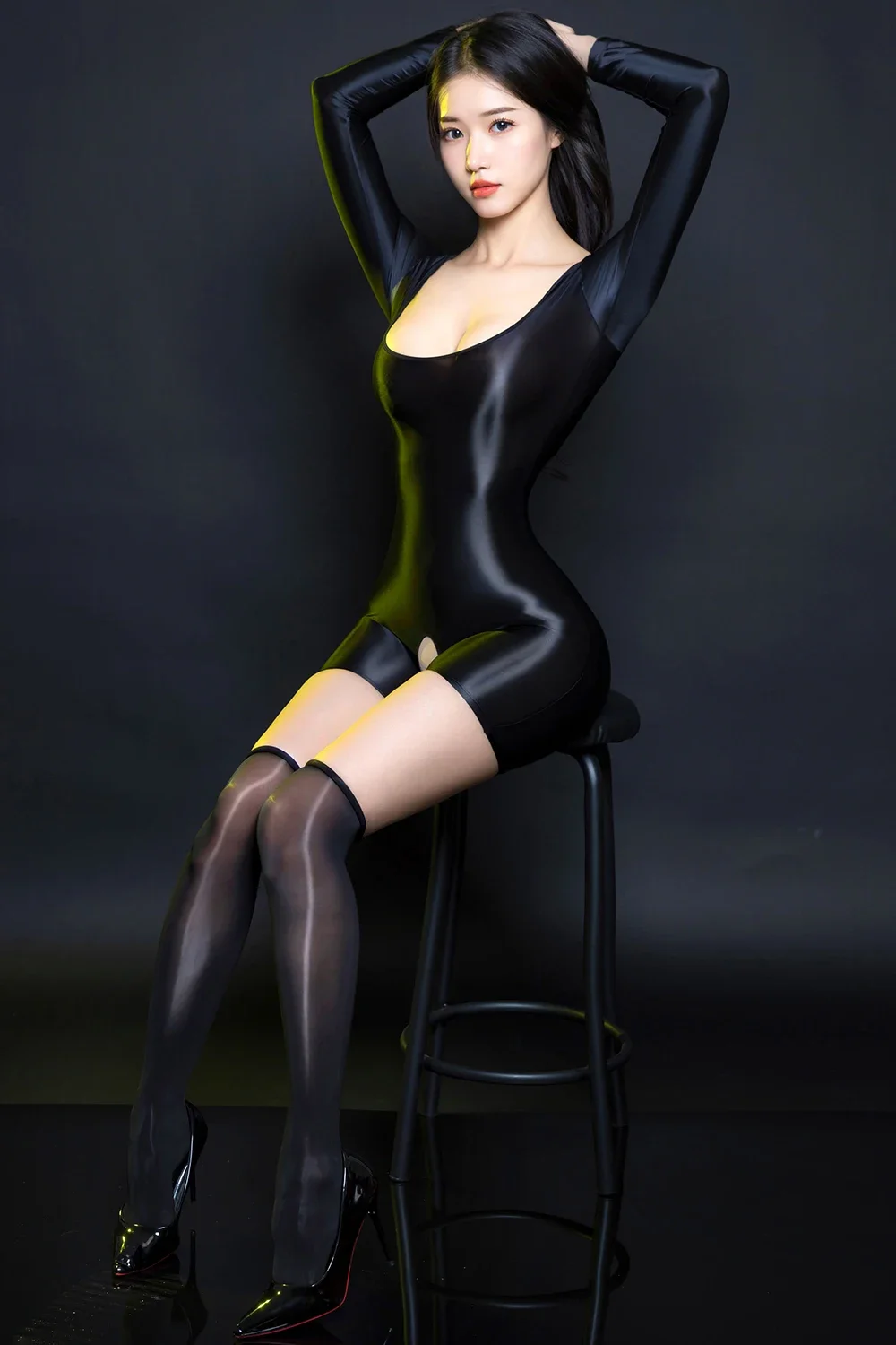 ملابس داخلية مثيرة للنساء بأكمام طويلة مفتوحة المنشعب جوارب سوداء يابانية كوريا OL أزياء النادي الليلي المثيرة