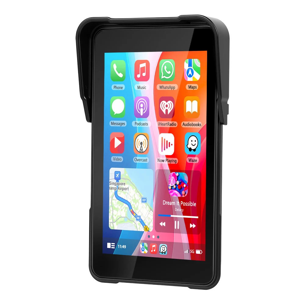 Podofo 5'' Vertikaler Bildschirm Motorrad Carplay Android Auto Unterstützung Reifendrucküberwachung IP68 Wasserdicht Helligkeitseinstellung Motorrad-Player