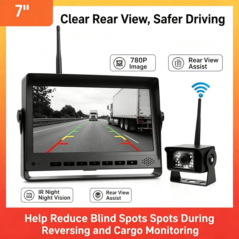 720P IR Camera,7 Inch 4CH Wireless Truck Rear View Monitor, 500M Transmission, 12V-24V Wide Voltage for Truck & Bus