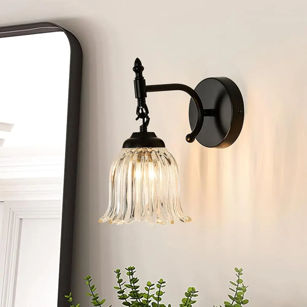 

1-Light Vintage Wall Sconces Bla Modern Barthroom Vanity Light With Glass Shade Wall Light For Farmhouse Hallway Living Room