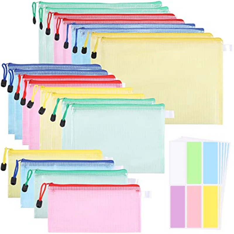 

20 Pack Document Bags A4+A5+A6, File Folder Plastic Zip Pocket Zipper Pocket Mesh Pouch With Zipper (4 Colors)