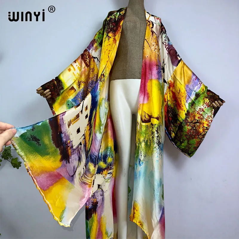 WINYI kimono summer Oil painting print Bikini Cover-up Elegant fashion Cardigan sexy Holiday long Sleeve silk feeling maxi dress