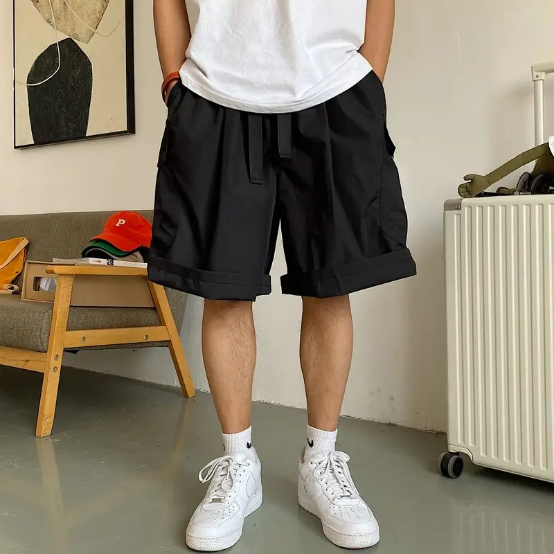Men's Trend Hip-hop Thin Five Quarter Pants Summer New Elastic Waist Loose Solid Casual Shorts Fashion High Street Men Clothing
