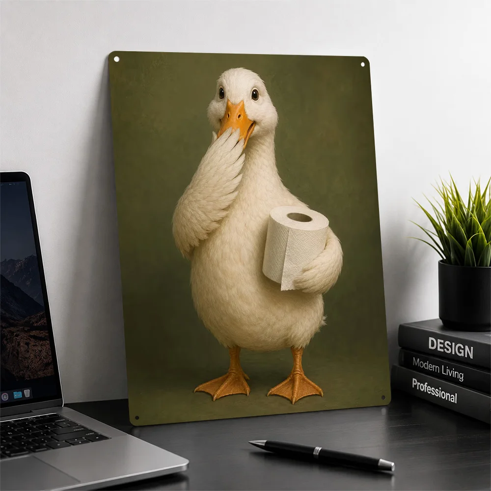 Funny Duck Holding Toilet Paper 3D Texture Metal Poster Customized Wall Art Tin Sign Gift for Mancave Vintage Decoration Gaming