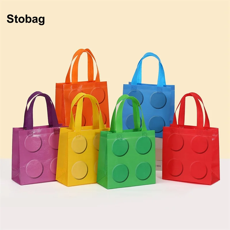 StoBag 8/20pcs Cartoon Building Block Non-woven Tote Bags Kids Gift Package Fabric Waterproof Storage Reusable Pouches Party