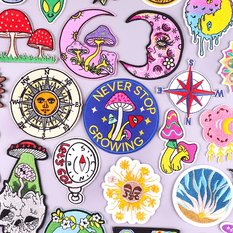 Never Stop Growing/Mushroom Embroidered Patches Outdoor DIY Patch Colorful Iron On Patches For Clothing Embroidery Sewing Patch