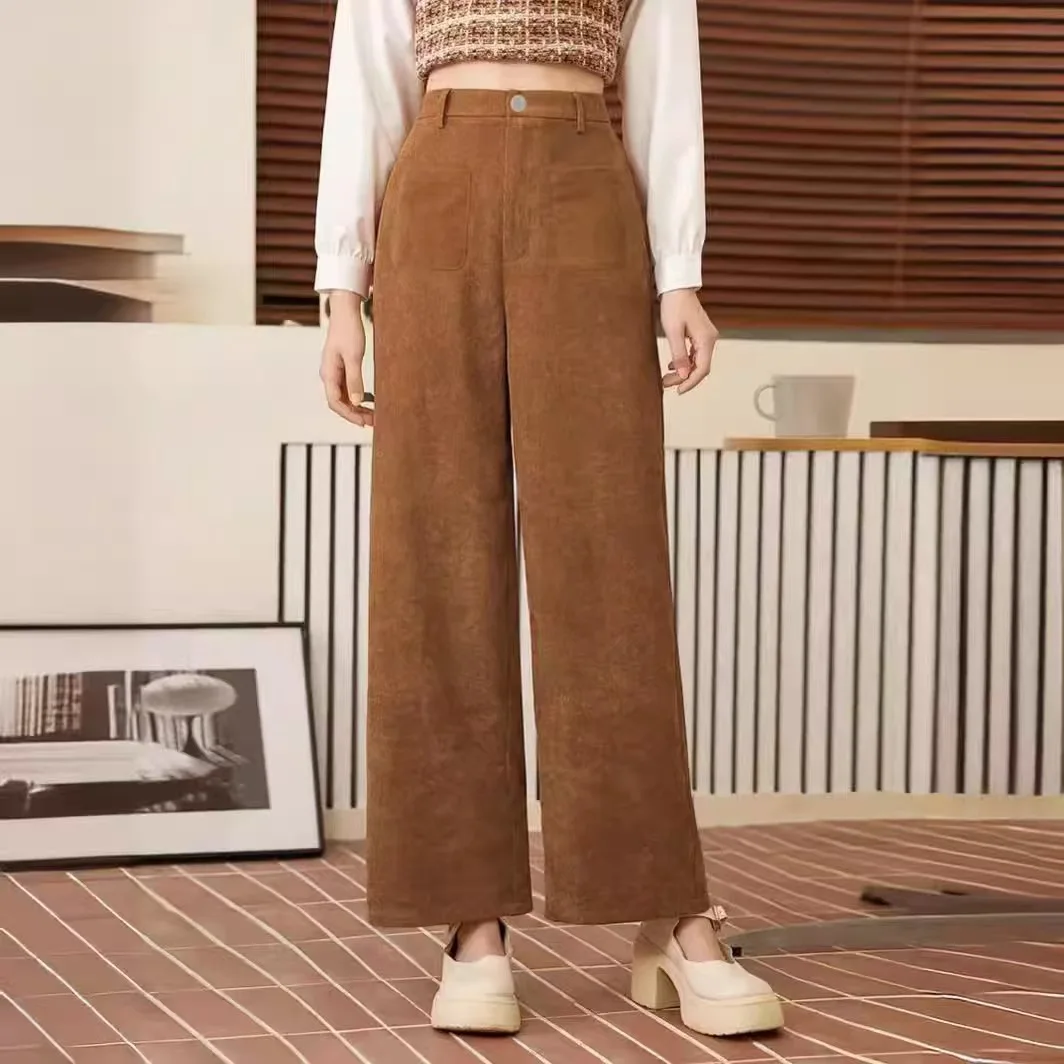 New Spring Autumn Women Casual Pants Fashion High Waist Plain Pocket Button Front Wide Leg Pants Ladies Bottoms for All Seasons