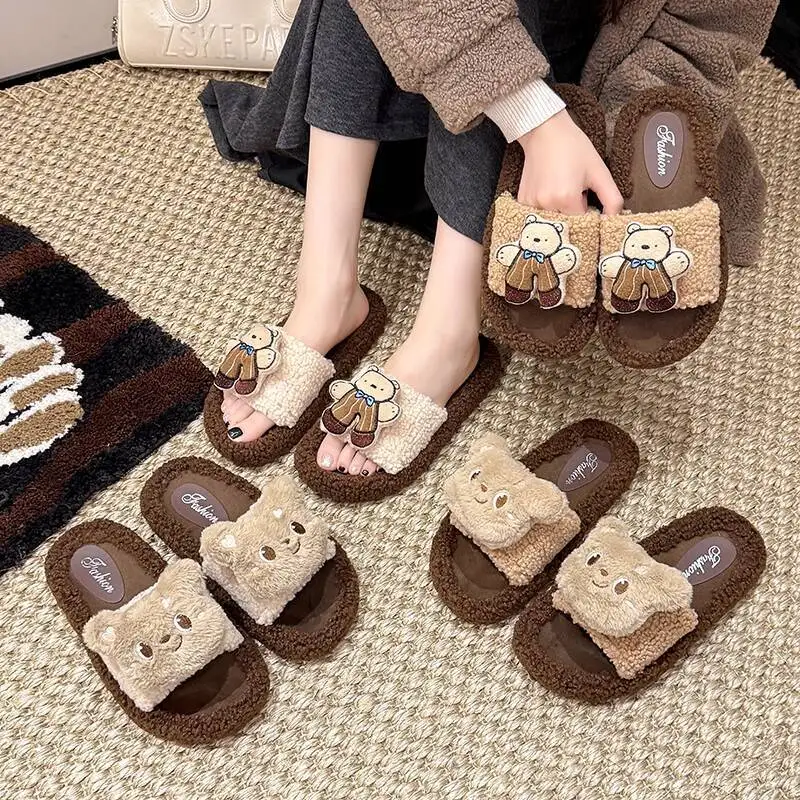 

Women's Home Slippers Cute Bear Head Plush Slippers Autumn Winter Warm Non Slip Indoor Home Slippers For Outdoor Wear