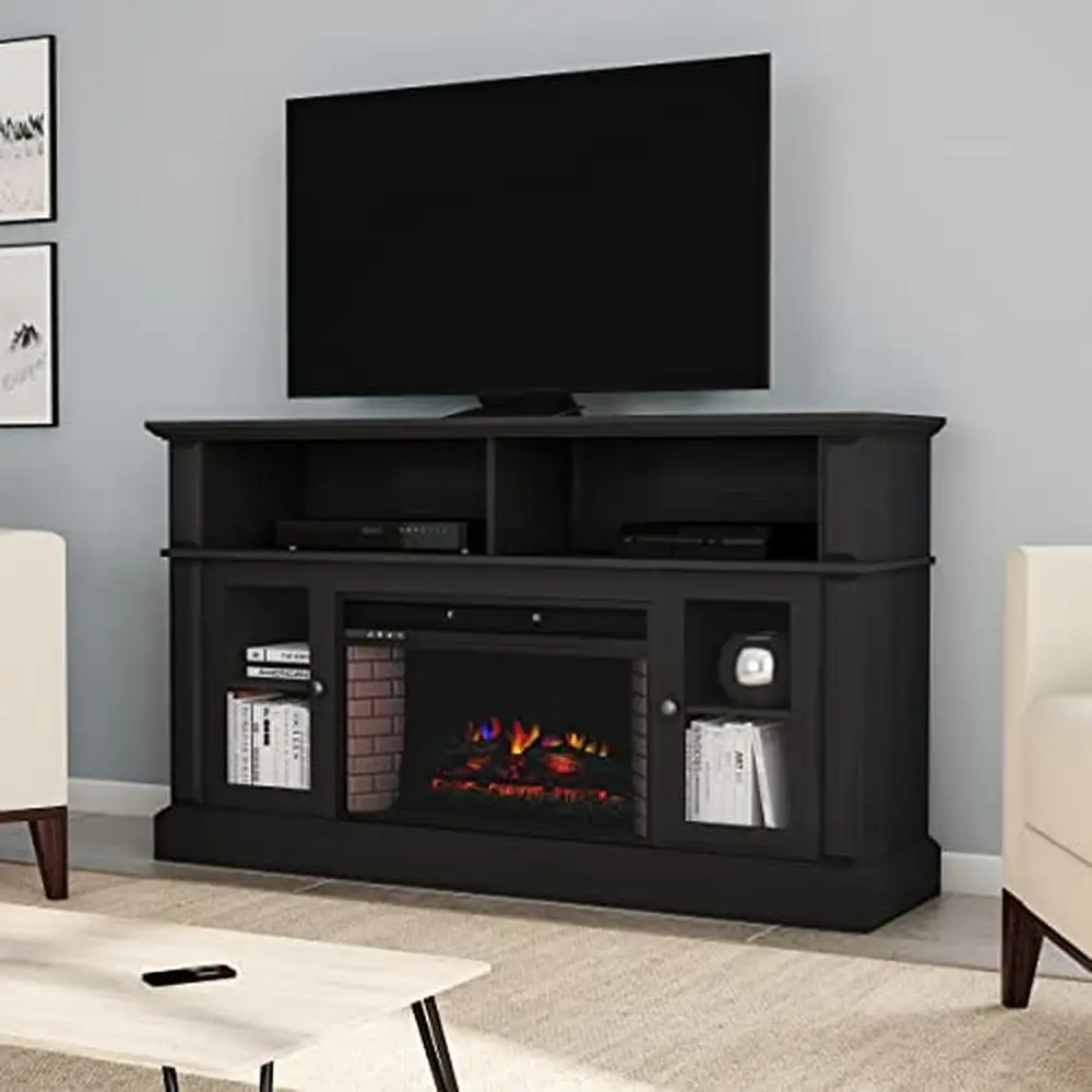 Electric Fireplace TV Stand Entertainment Center Remote LED Flames Adjustable Heat Black Woodgrain 59