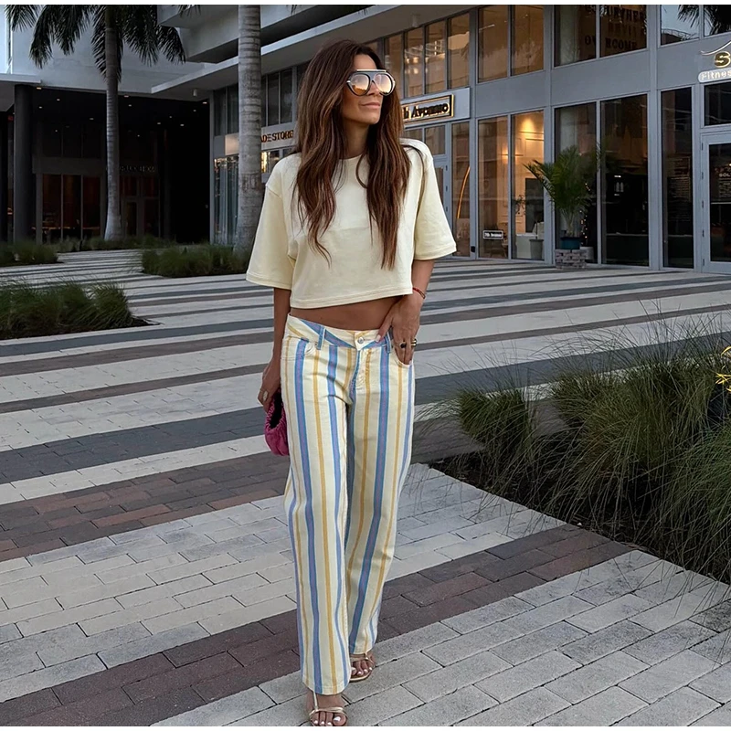Fashion Women's Striped Pants Button Zipper Double Pockets Straight Straight Leg Trousers 2026 Spring Summer Casual Lady Pant
