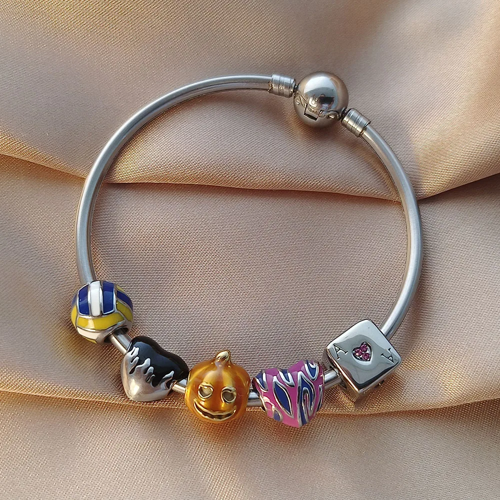 

Pulsera Pandoraer italian bracelet charm Stainless Steel pumpkin pendant Metal Enamel Beads Delicate Bangle for women's Jewelry