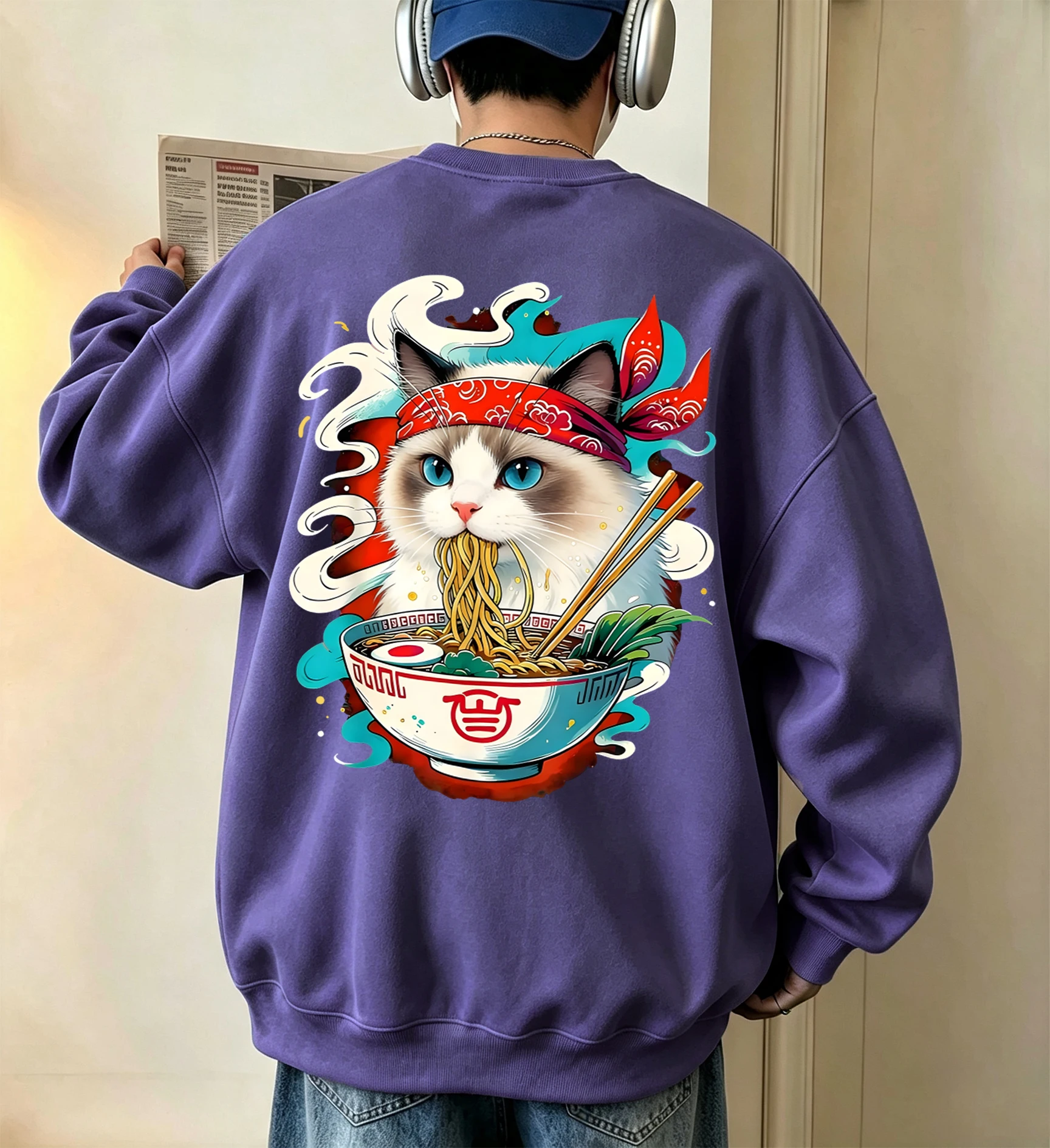 Katze kämpft mit Lamian-Nudeln bedruckter Herren-Fleece-Pullover, Vintage, lässig, langärmelig, Unisex, locker geschnittenes Basic-Sweatshirt – Detail 4