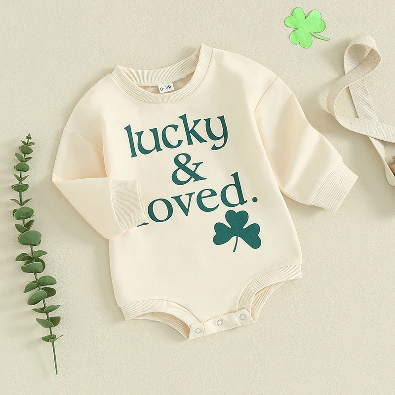 

St Patrick s Day Baby Romper Green Clover Print Round Neck Long Sleeve Jumpsuit Infant Irish Festival Outfit Newborn Clothing