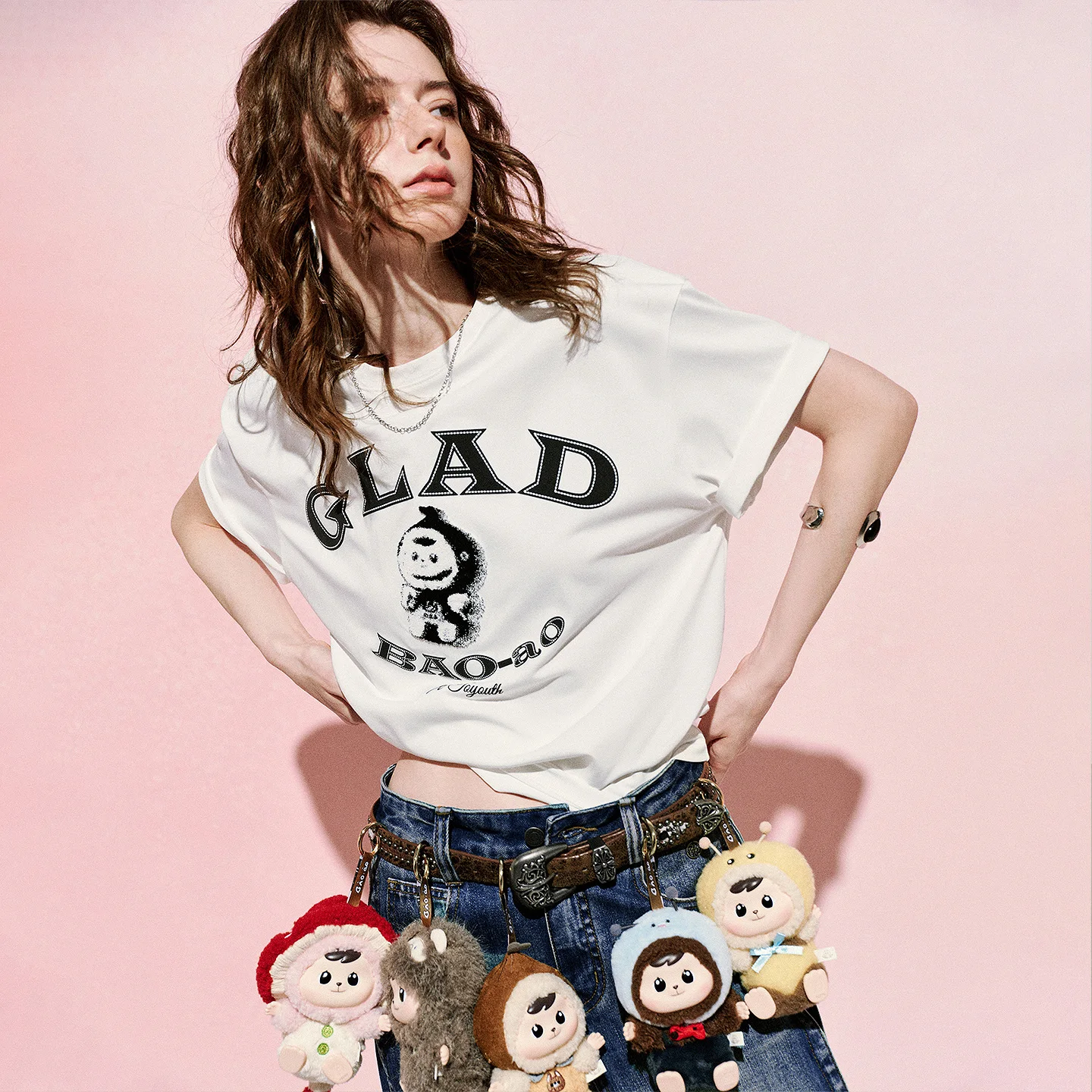 TOYOUTH Bao-ao Co-branded Women Cotton T-Shirt 2026 Summer New Loose Drop Shoulder Heavyweight Craft Age-Reducing Casual Tops