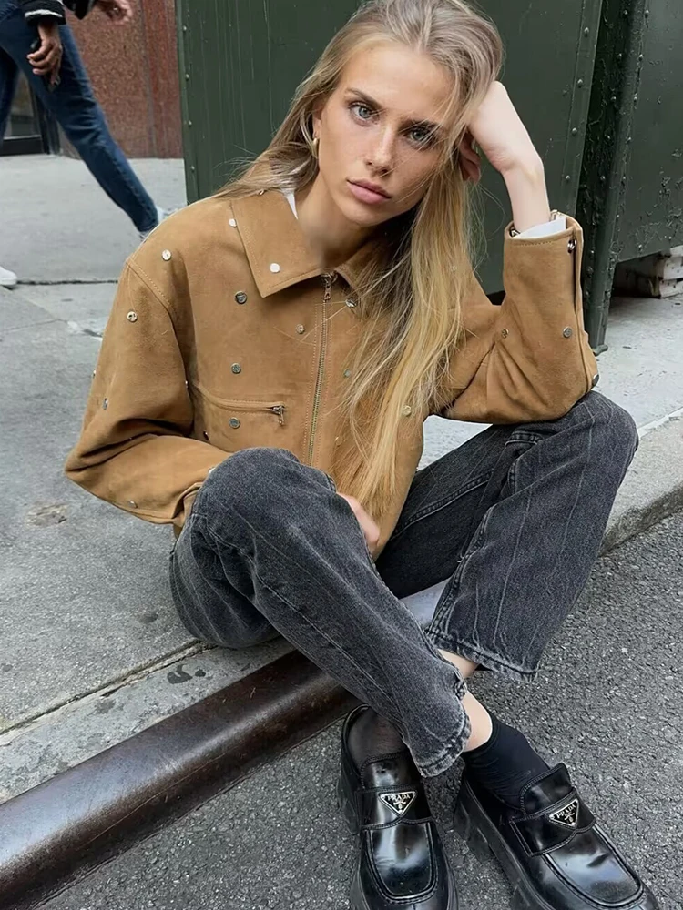 Chaquetas Vintage elegantes con remaches para mujer, chaquetas de gamuza inteligentes a la moda para mujer, trajes informales para mujer, ropa elegante para niñas 2025