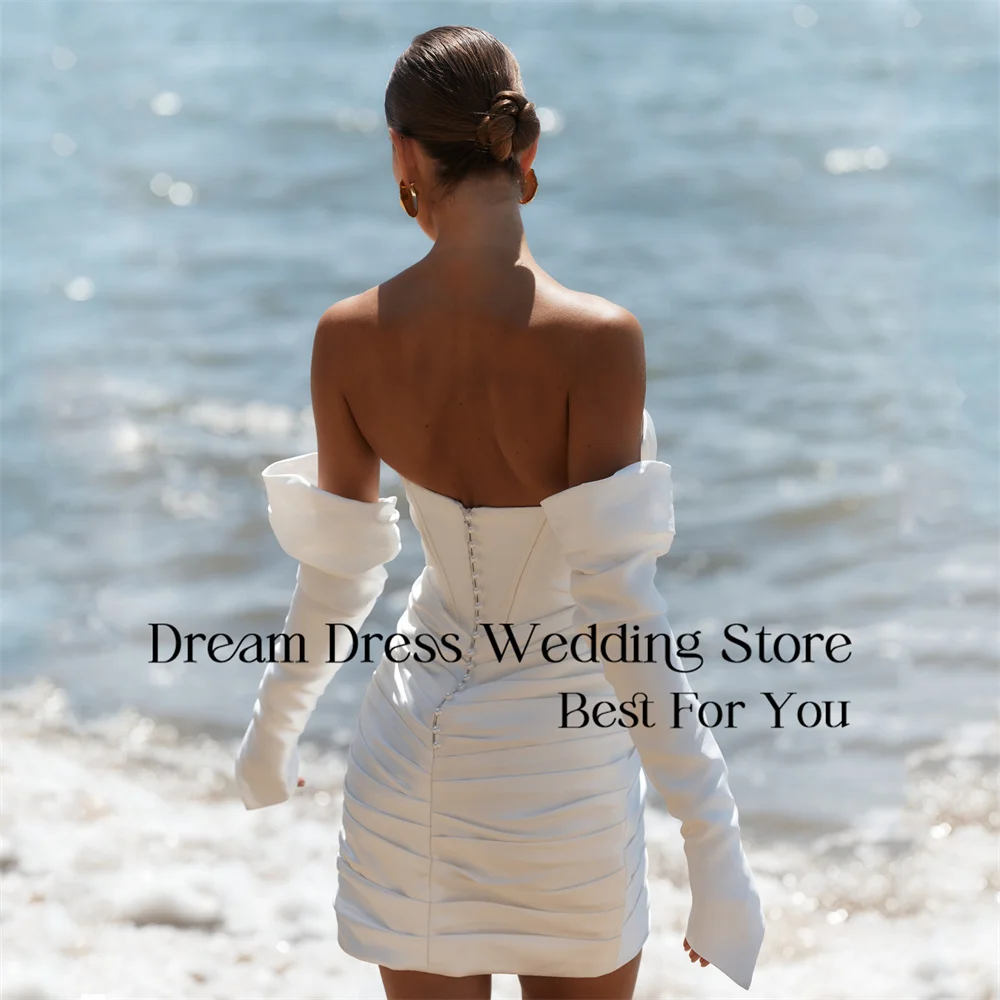 DREAM Pleat Short Wedding Dress Satin Long Sleeve Sweetheart Open Back Above-Knee Slit  Bridal Gown Vestido De Novia Customized