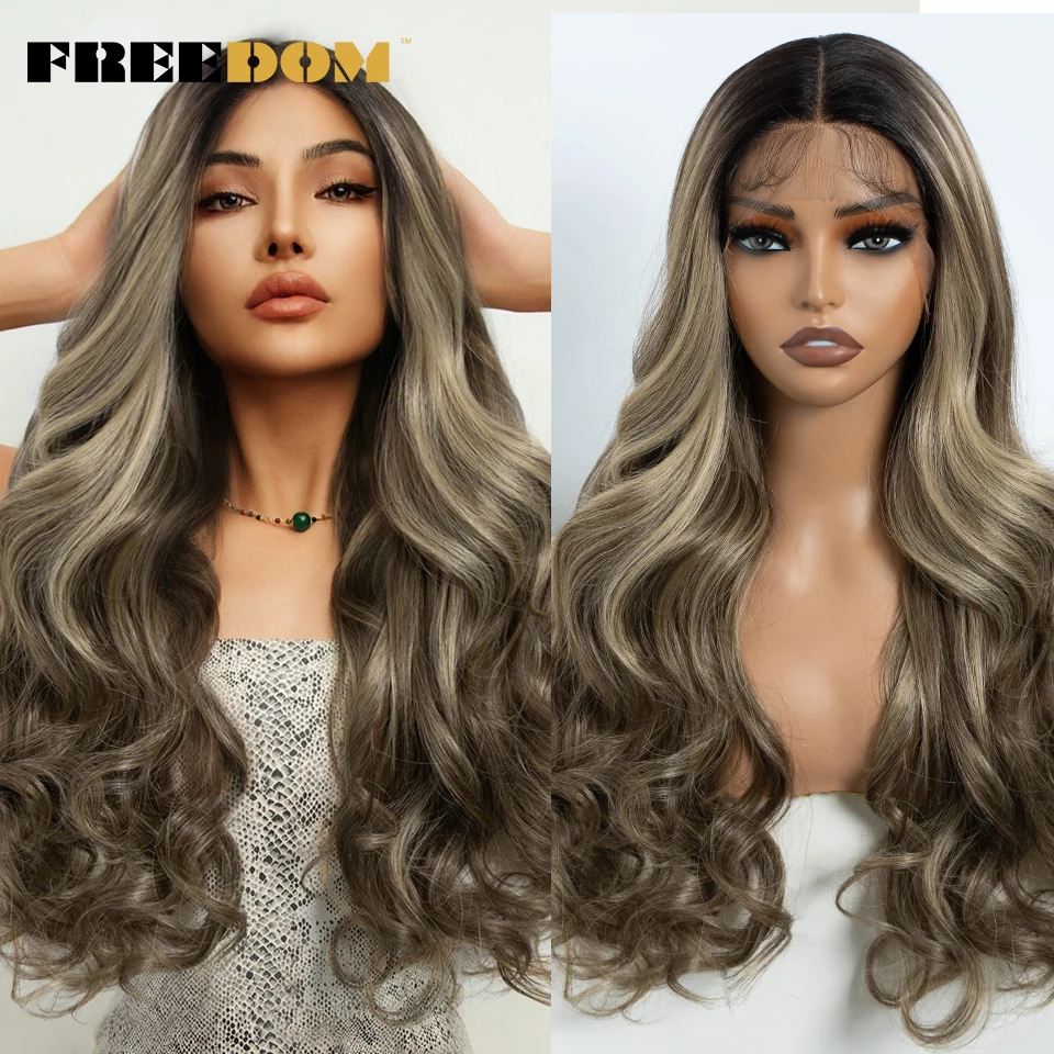 FREEDOM Synthetic Lace Front Wigs For Women 24 Inch Long Wavy Ombre Blonde Brown Lace Wig Heat Resistant Cosplay Lace Wigs