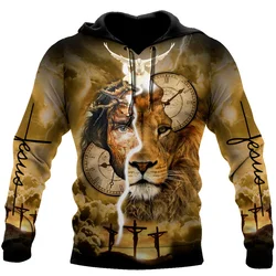 Fashion Christian Jesus And Lion Men's Hoodies 3D Printed Harajuku Long Sleeve Hooded Casual Pullover Clothing Man Sweatshirts